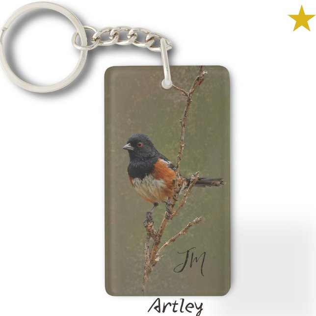 Spotted Towhee Bird Painting Custom Initials  Keychain (Creator Uploaded)