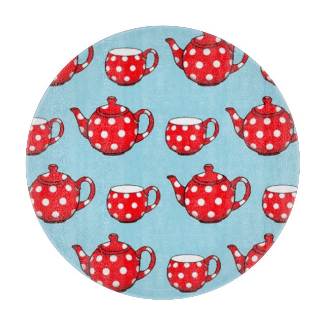 Spotty Red Teapot and Cups Blue Pattern Cutting Board (Front)