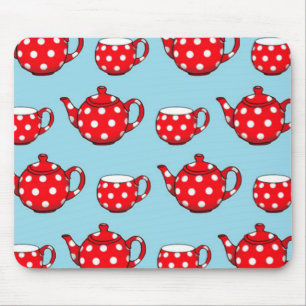Spotty Red Teapot and Cups Blue Pattern Mouse Pad