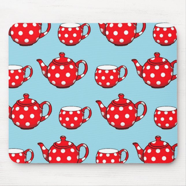 Spotty Red Teapot and Cups Blue Pattern Mouse Pad (Front)