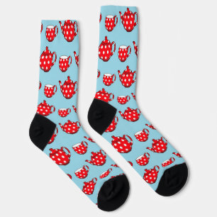 Spotty Red Teapot and Cups Blue Pattern Socks
