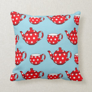 Spotty Red Teapot and Cups Blue Pattern Throw Pillow