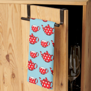 Spotty Red Teapot and Cups Pattern  Kitchen Towel