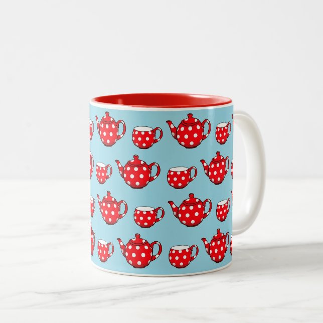 Spotty Red Teapot and Cups Pattern on Blue (Front Right)