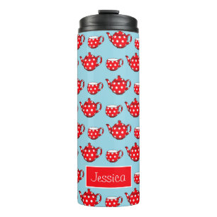 Spotty Red Teapot and Cups Pattern Personalised