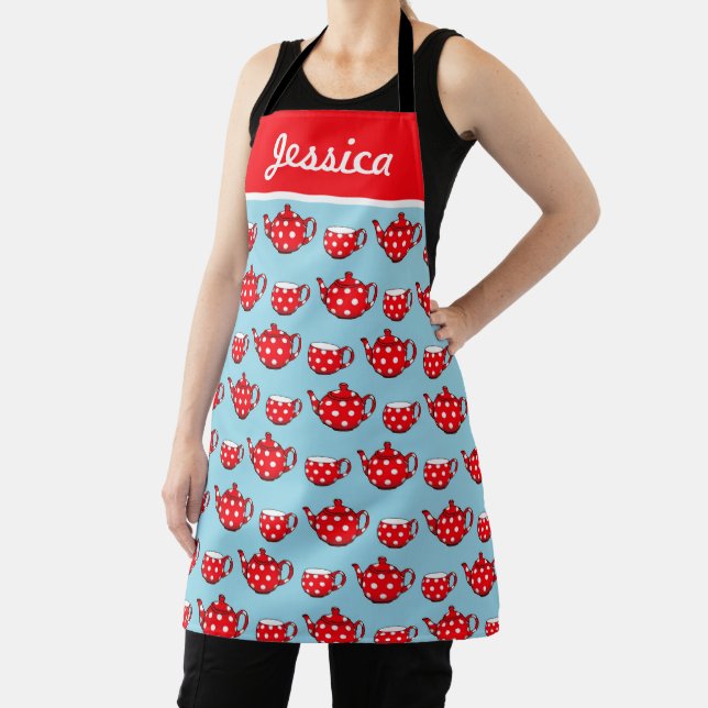 Spotty Red Teapot and Cups Pattern Personalised Apron (Insitu)