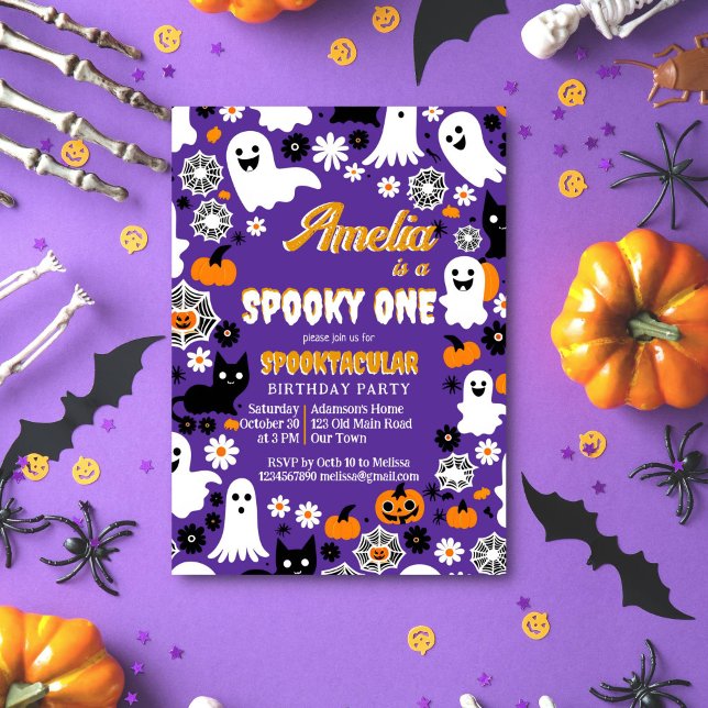 Sppoky one Halloween birthday groovy retro daisies Invitation (Spooky one groovy Halloween retro daisies ghosts spiderwebs black cat cute template invitation )