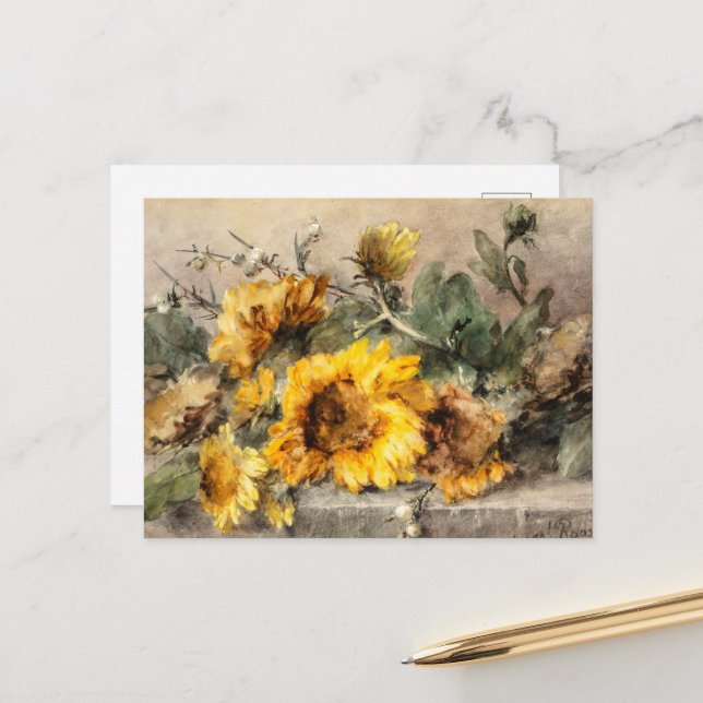 Spray of sunflowers on a stone ledge  postcard (Front/Back In Situ)
