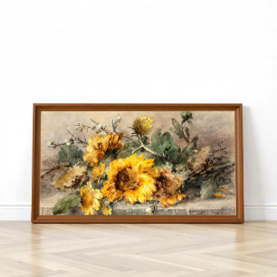 Spray of sunflowers on a stone ledge poster