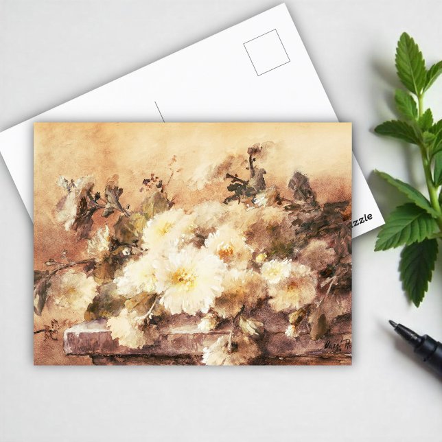 Spray of white chrysanthemums on a stone ledge pos postcard (Creator Uploaded)