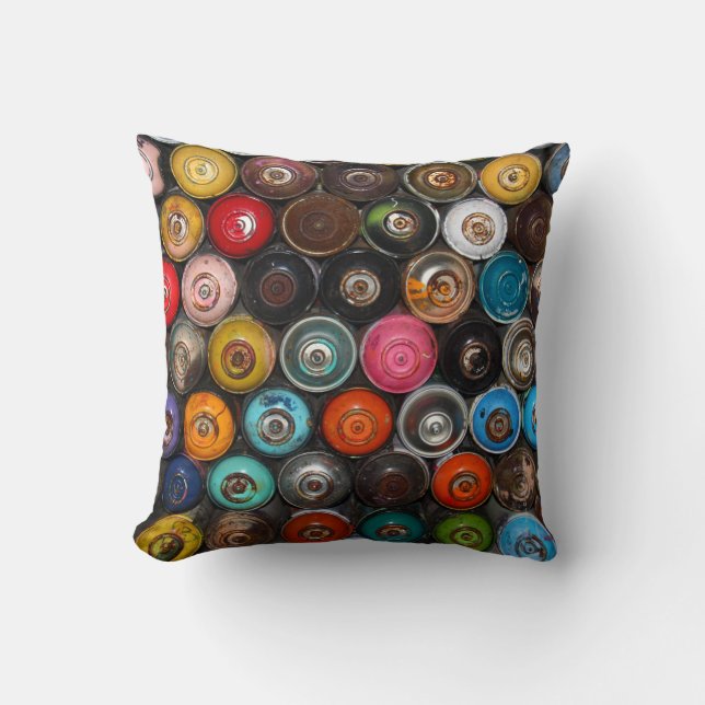 Spray paint cans, graffiti, throw pillow (Front)