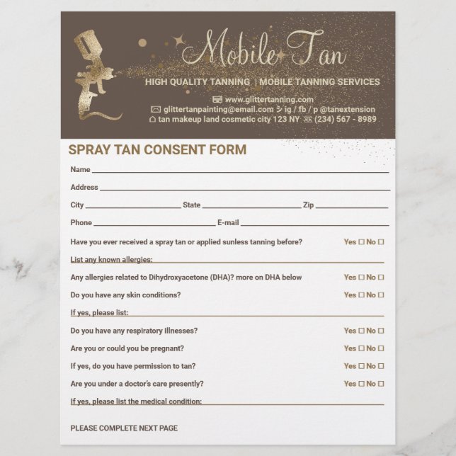 Spray Tan Business Plan Bronze Consent Waiver Form Flyer (Front)