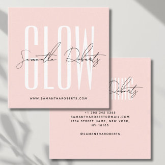 Spray tan glow modern typography script blush pink square business card