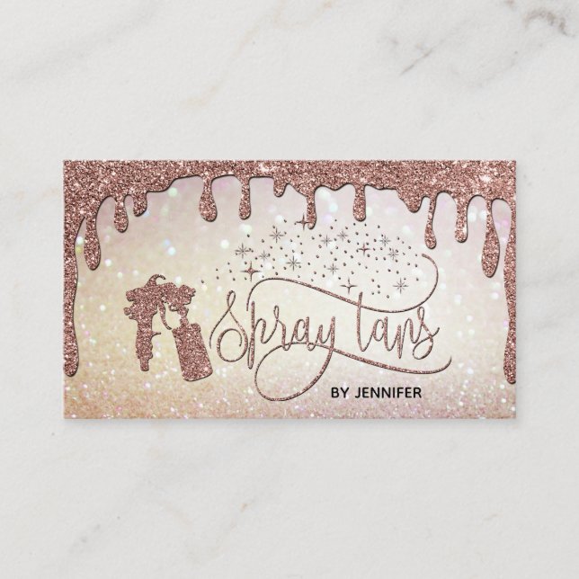 Spray tan script dripping glitter gold business card (Front)