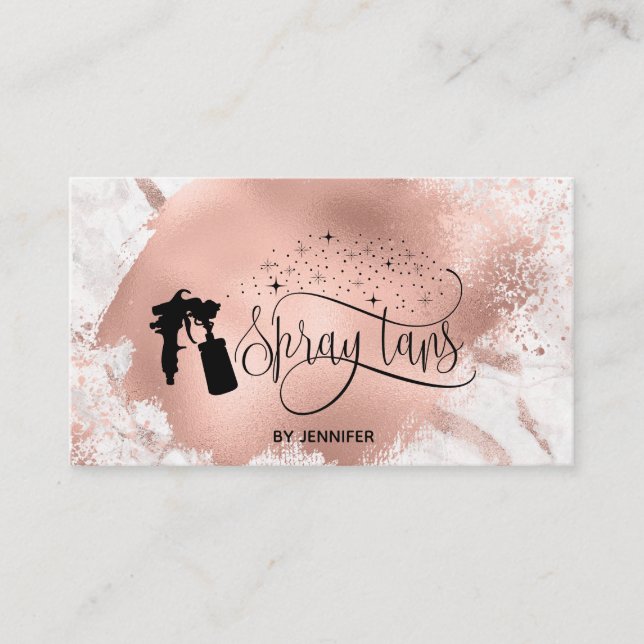 Spray tan script glitter rose gold splash marble business card (Front)