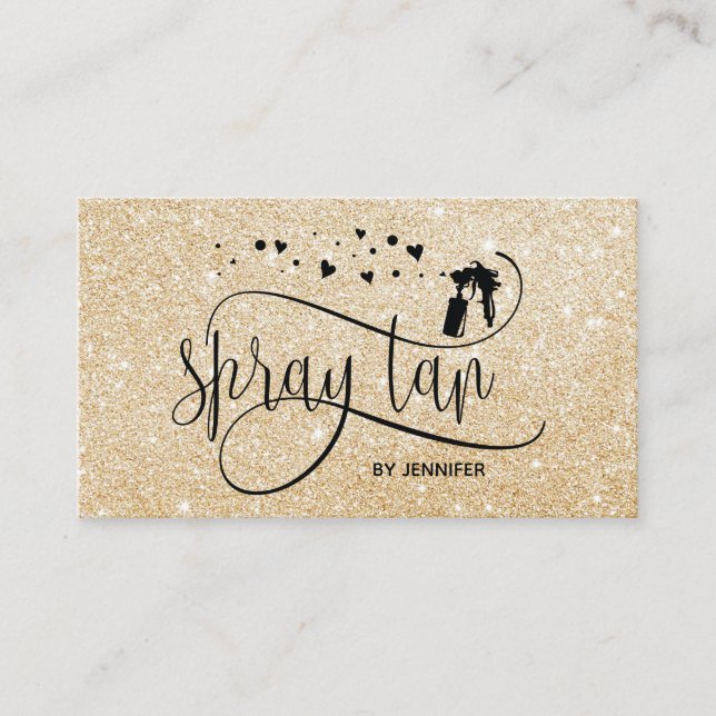 Spray tan script gold glitter confetti hearts business card (Front)