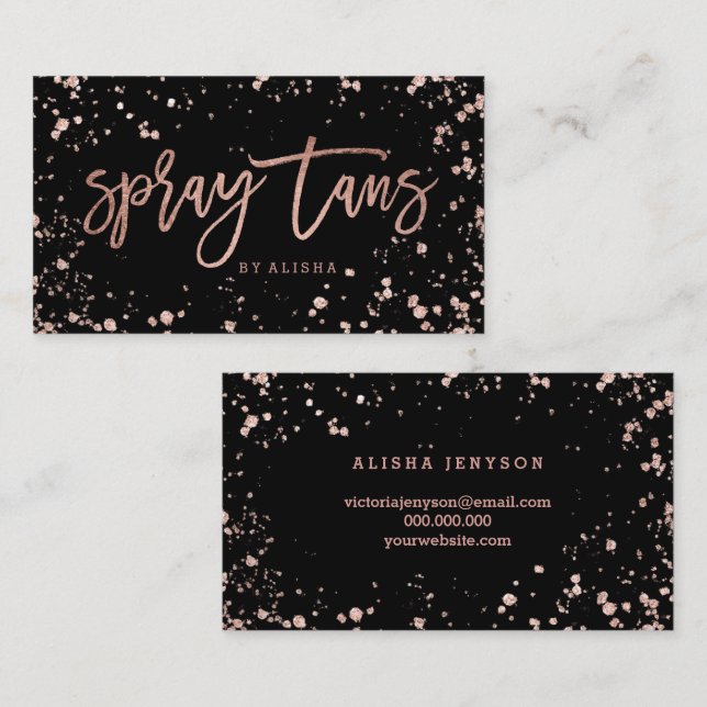 Spray tan script rose gold confetti splatters business card (Front/Back)
