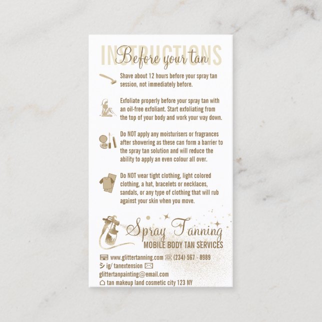 Spray Tanning Before After Care Guide Instruction Business Card (Front)