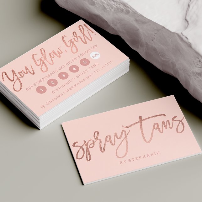Spray tans logo elegant rose gold typography blush business card (Creator Uploaded)