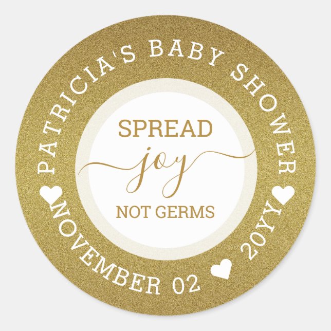 Spread Joy Hand Sanitizer Gold Glitter Baby Shower Classic Round Sticker (Front)