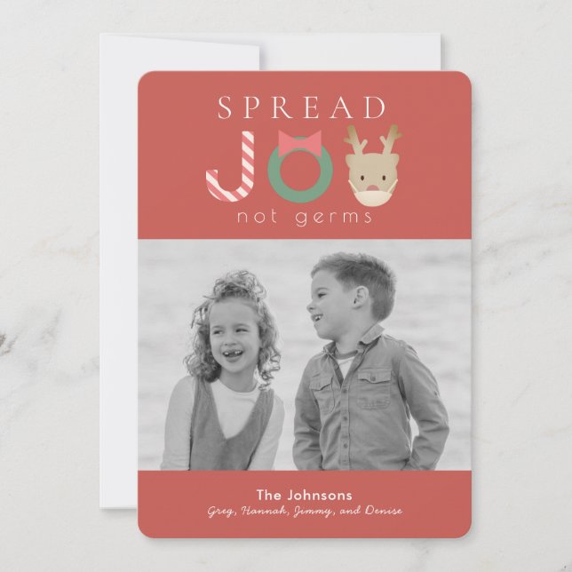 Spread JOY Reindeer Mask Red Christmas Photo Holiday Card (Front)