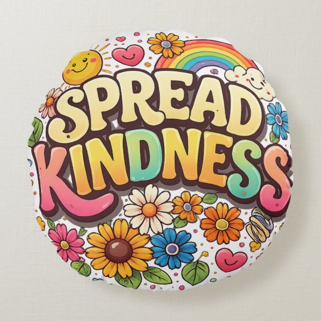 Spread Kindness – Cute Floral Rainbow  Round Pillow (Front)