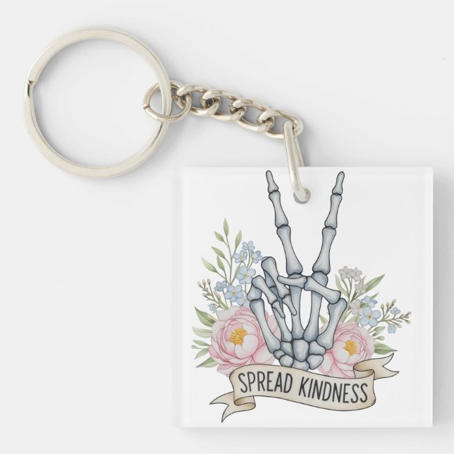 "Spread Kindness" Skeleton Peace Sign – Watercolor Keychain (Front)