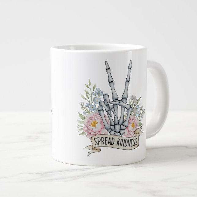 "Spread Kindness" Skeleton Peace Sign – Watercolor Large Coffee Mug (Front Right)