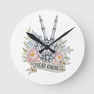 "Spread Kindness" Skeleton Peace Sign – Watercolor Round Clock