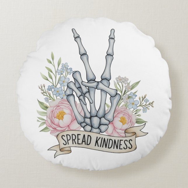 "Spread Kindness" Skeleton Peace Sign – Watercolor Round Pillow (Front)