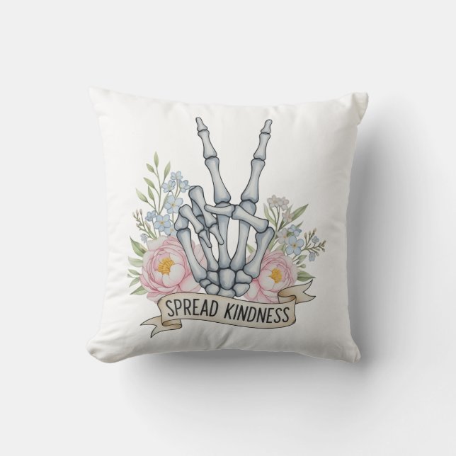 "Spread Kindness" Skeleton Peace Sign – Watercolor Throw Pillow (Front)