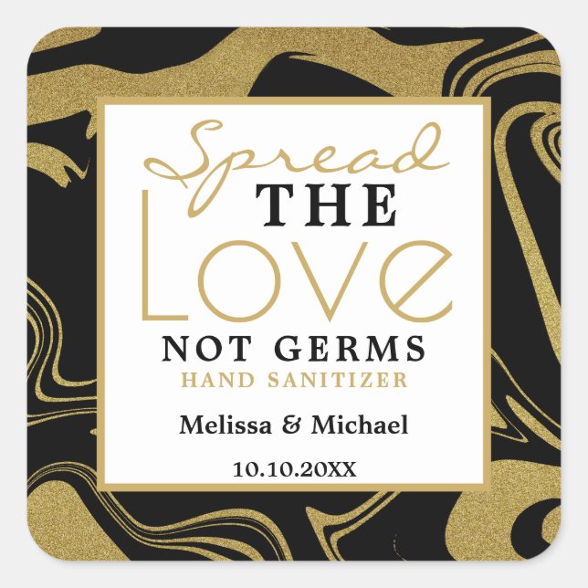 Spread Love Black And Gold Wedding Hand Sanitizer Square Sticker (Front)