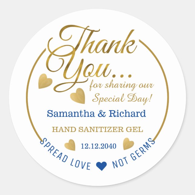 Spread Love Blue Gold Thank You Sanitizer Favour  Classic Round Sticker (Front)