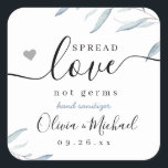 Spread Love Dusty Blue Greenery Wedding Favour Square Sticker<br><div class="desc">Modern watercolor dusty blue greenery foliage spread love not germs design with couple's names and date,  simple and elegant,  great wedding favours for rustic wedding,  spring wedding and summer wedding. 
See all the matching pieces in collection</div>