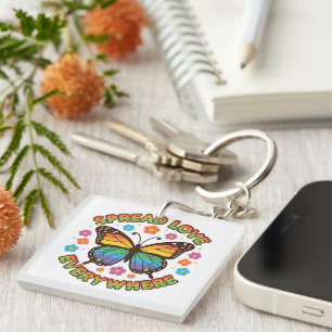Spread Love Everywhere – Rainbow Butterfly Quote – Keychain