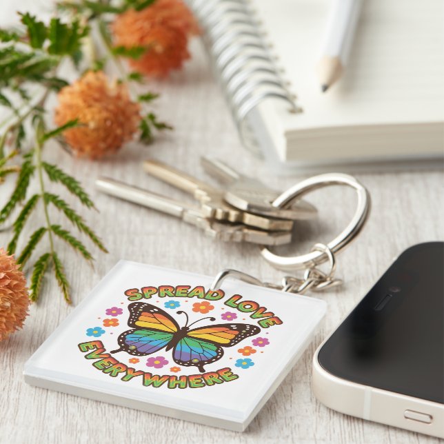 Spread Love Everywhere – Rainbow Butterfly Quote – Keychain (Front Right)