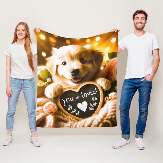 Spread Love: Golden Retriever with "You Are Loved" Fleece Blanket (In Situ)