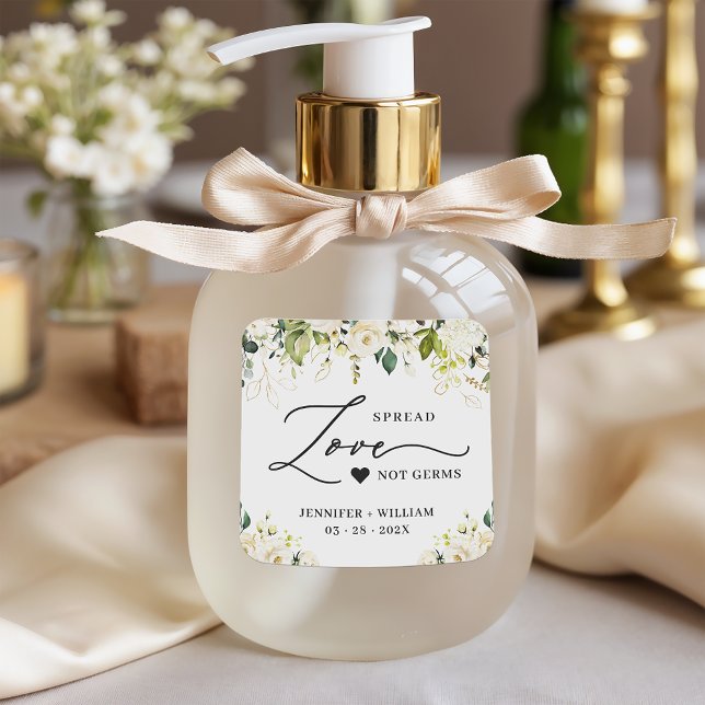 Spread Love Greenery White Roses Wedding Sanitizer Square Sticker (Creator Uploaded)