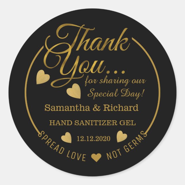 Spread Love Hand Sanitizer Black Gold Thank You Classic Round Sticker (Front)