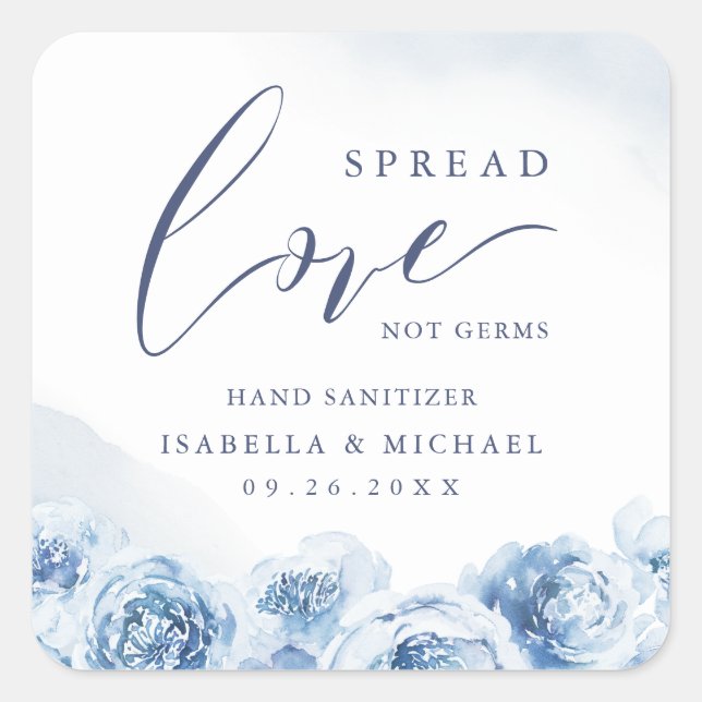Spread Love Hand Sanitizer Blue Floral Wedding Squ Square Sticker (Front)