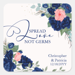 Spread Love not Germs Blue and Coral Roses Square Sticker