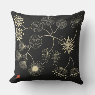 `Spread of Love` Golden Black Abstract Flowers Outdoor Pillow