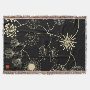 `Spread of Love` Golden Black Abstract Flowers Throw Blanket