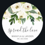 Spread The Love Elegant White Floral Wedding Favou Classic Round Sticker<br><div class="desc">Floral wedding favour stickers with a top border featuring hand painted watercolor white roses and greenery with the message, "Spread The Love" in a lovely handwritten script and your names and date below. These elegant stickers are perfect for a garden wedding in the summer and are a great way to...</div>