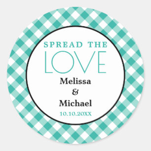Spread The Love Green Gingham Wedding Favour Classic Round Sticker