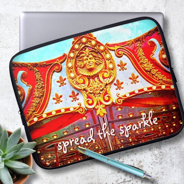 Spread the sparkle quote gold face on red carousel laptop sleeve (Creator Uploaded)