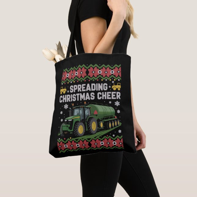 Spreading Xmas Cheer Farming Tractor Ugly Sweat Tote Bag (Close Up)