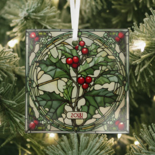 Sprig of Holly Stained Glass Christmas Ornament