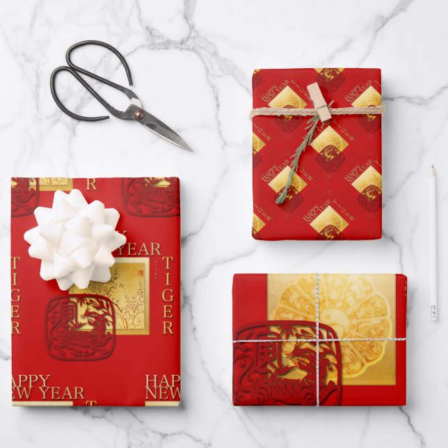 Spring 12 Zodiac Signs Yin Yang Tiger Year WP3P Wrapping Paper Sheet (Front)