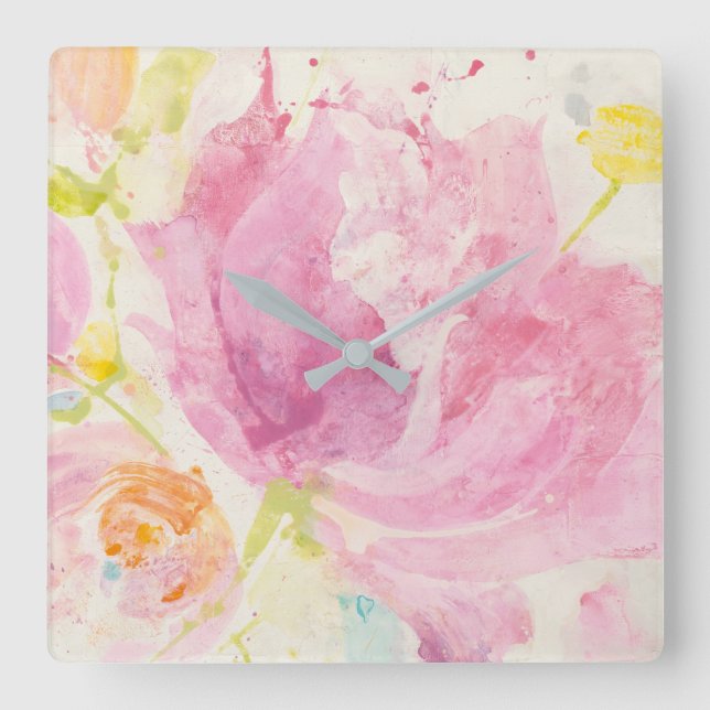 Spring Abstract Florals Square Wall Clock (Front)
